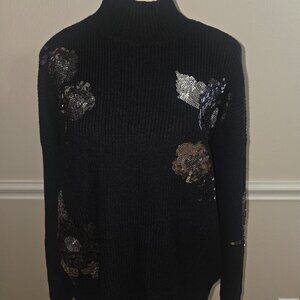 Nicole Miller Black Ribbed Turtleneck Sweater Sequin Floral Embellished Size L